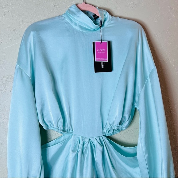 SATIN AQUA SIDE CUT OUT BALLOON SLEEVES MINI DRESS SIZE 8 - Picture 7 of 9